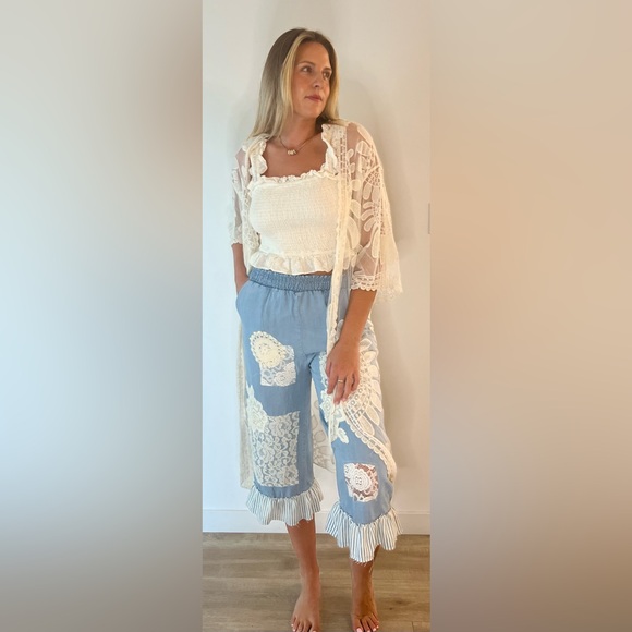 velvet heart upcycle Pants - Lightweight denim bloomer pants with lace patches and striped denim ruffle sz L